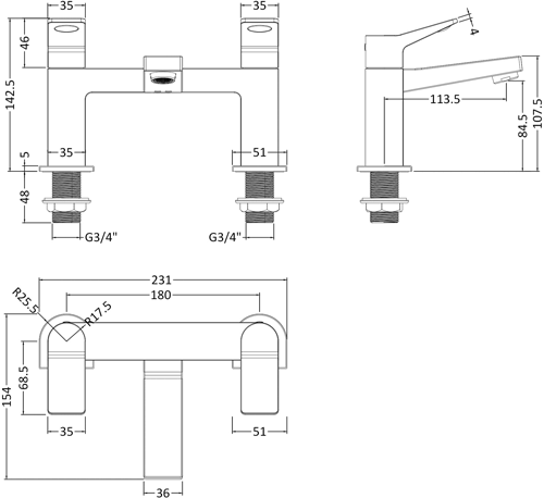 Technical image of HR Soar Tall Basin & Bath Filler Tap Pack (Chrome).