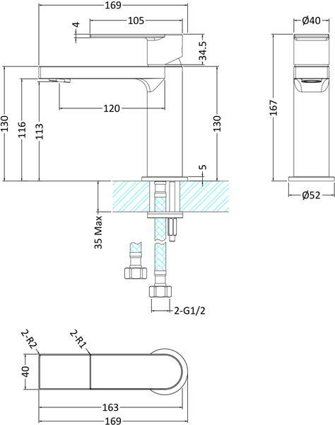 Technical image of HR Sottile Mono Basin & Bath Filler Tap Pack (Chrome).