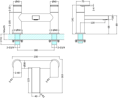 Technical image of HR Sottile Mono Basin & Bath Filler Tap Pack (Chrome).