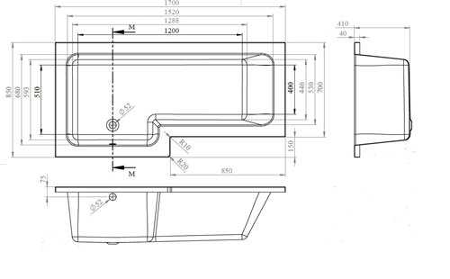 Technical image of Hudson Reed Baths Amelia Square Shower Bath Only (Left Handed).