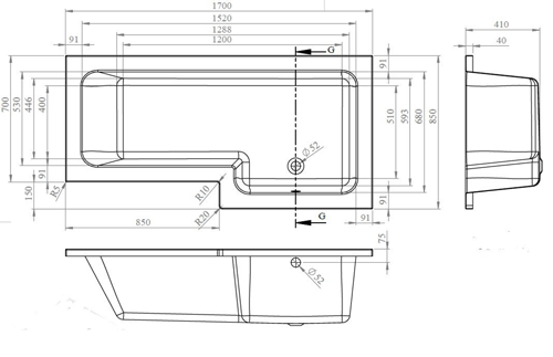 Technical image of Hudson Reed Baths Amelia Square Shower Bath Only (Right Handed).