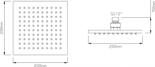 Technical image of Premier Showers Square Shower Head With Wall Arm (200x200mm, S Steel).