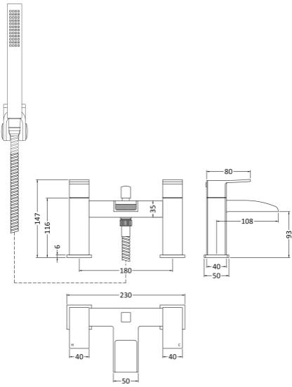 Technical image of Nuie Moat Waterfall Bath Shower Mixer Tap With Kit (Chrome).