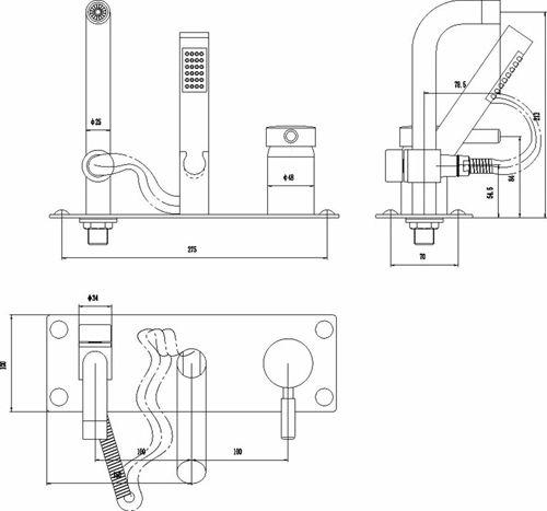 Technical image of Hudson Reed Tec Wall Mounted Basin & Bath Shower Mixer Tap Pack.