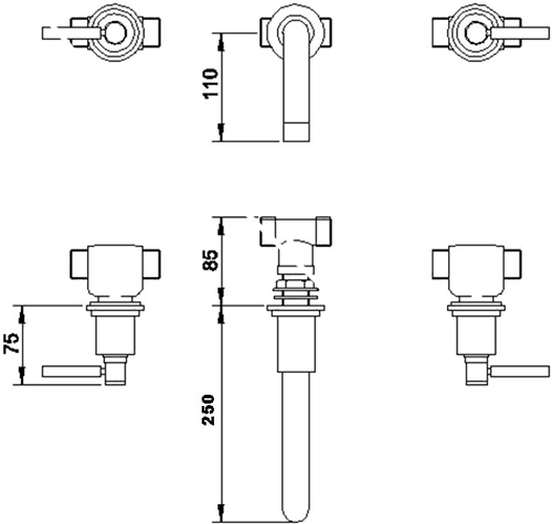 Technical image of Hudson Reed Tec Wall Mounted Basin & Bath Tap Set (Chrome).