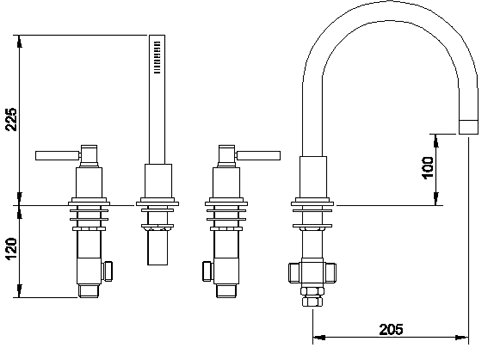 Technical image of Hudson Reed Tec 4 Tap Hole Bath Shower Mixer Tap With Large Spout & Retainer