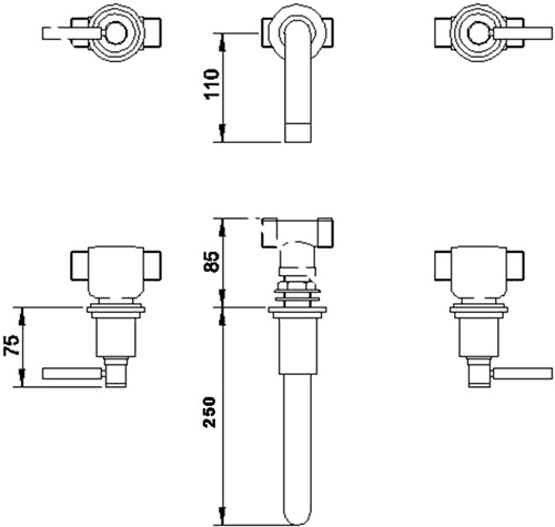 Technical image of Hudson Reed Tec 3 Tap Hole Wall Mounted Bath Tap With Lever Handles.