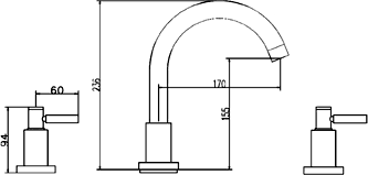 Technical image of Hudson Reed Tec 3 Tap Hole Bath Tap With Small Spout & Lever Handles.