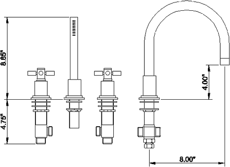 Technical image of Hudson Reed Tec 4 Tap Hole Bath Shower Mixer Tap With Large Spout & Retainer