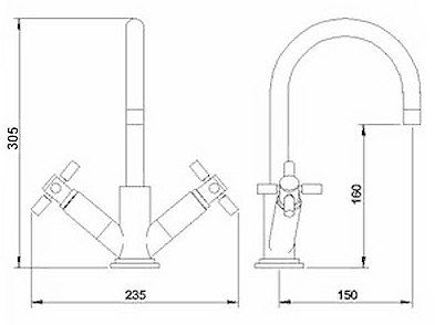 Technical image of Hudson Reed Tec Basin Tap With Large Spout, Waste & Cross Handles.