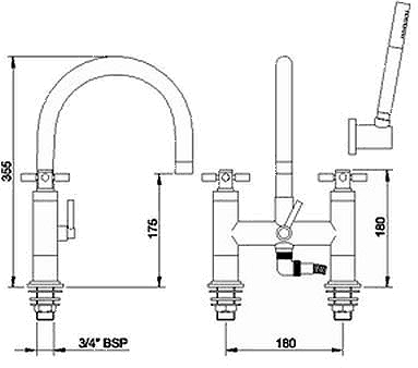 Technical image of Hudson Reed Tec Bath Shower Mixer Tap, Large Spout & Cross Handles.