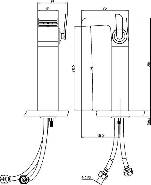 Technical image of Hudson Reed Tide Waterfall High Rise Basin Mixer Tap (Chrome).