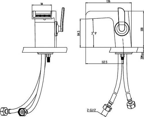 Technical image of Hudson Reed Tide Waterfall Basin & Bath Shower Mixer Tap Set.