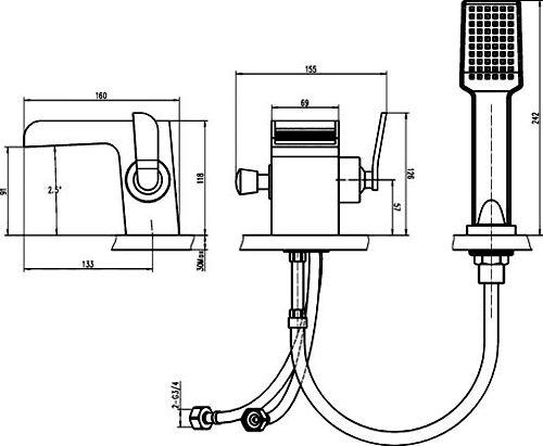 Technical image of Hudson Reed Tide Waterfall Basin & Bath Shower Mixer Tap Set.