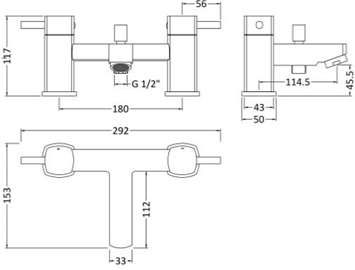 Technical image of Nuie Munro Bath Shower Mixer Tap With Kit (Chrome).