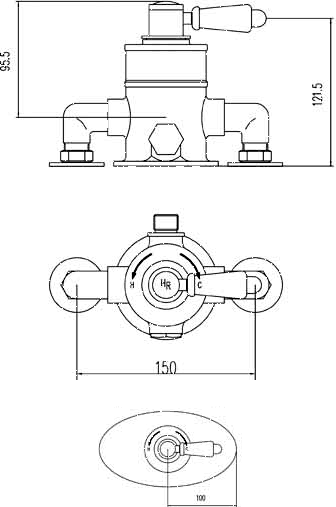 Technical image of Hudson Reed Traditional Concealed Thermostatic Shower Valve (TMV3).