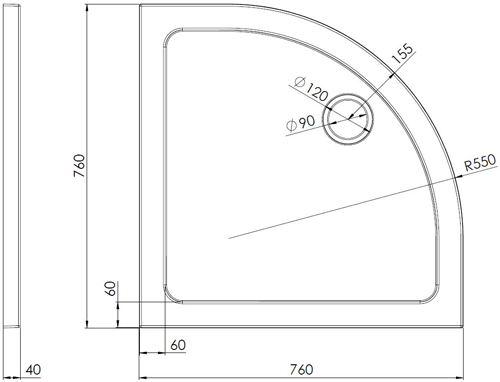 Technical image of Nuie Trays Quadrant Shower Tray 760x760mm (Slate Grey).