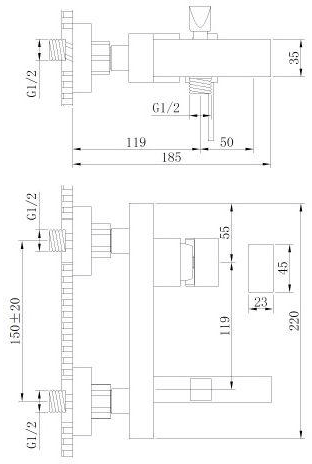 Technical image of Hudson Reed Vesper Wall Mounted Bath Shower Mixer Tap (Chrome).