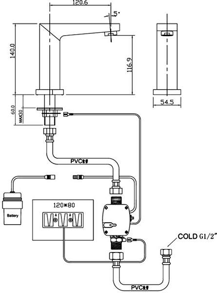 Technical image of Ultra Water Saving Electronic Basin Sensor Tap (Battery Powered).