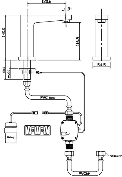 Technical image of Ultra Water Saving Touch Sensor Basin Tap (Battery Powered).