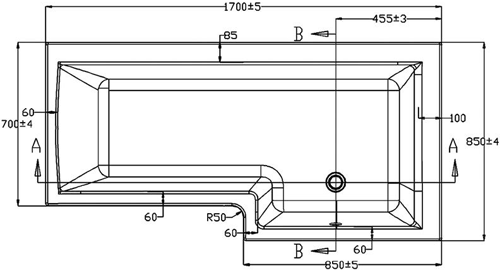 Technical image of Ultra Baths Shower Bath With Panel & Screen. (Right Handed) 850x1700mm.