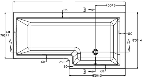 Technical image of Ultra Baths Shower Bath With Panel & Screen. (Right Handed) 850x1500mm.