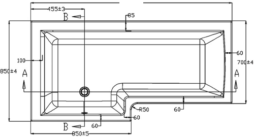 Technical image of Ultra Baths Shower Bath, Panel & Hinged Screen. (Left Handed) 850x1500mm.