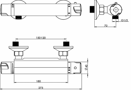 Technical image of Ultra Showers TMV2 Thermostatic Bar Shower Valve & Slide Rail Kit.