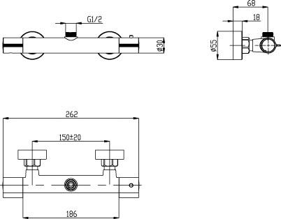 Technical image of Ultra Showers Slimline Thermostatic Bar Shower Valve (Bottom Outlet).