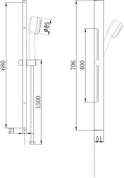 Technical image of Ultra Showers Slimline Thermostatic Bar Shower Valve & Slide Rail Kit.