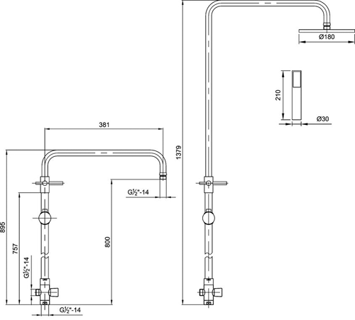 Technical image of Ultra Showers Slimline Thermostatic Bar Shower Valve & Telescopic Riser Kit.