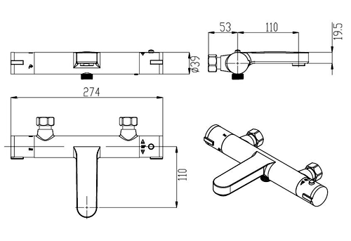 Technical image of Thermostatic Wall Mounted Bath Shower Mixer Tap (Chrome).