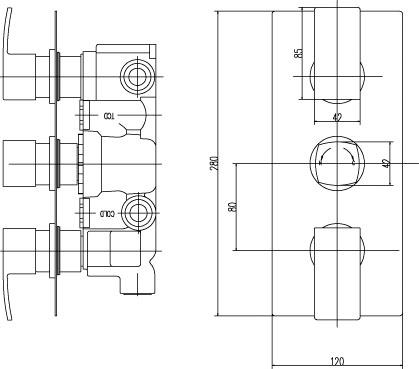 Technical image of Ultra Vibe Thermostatic Triple Concealed Shower Valve With Diverter.