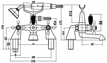 Technical image of Nuie Viscount Basin & Bath Shower Mixer Taps Pack (Large Handset).