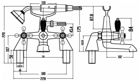 Technical image of Nuie Viscount Basin Mixer & Bath Shower Mixer Taps Pack (Large Handset).