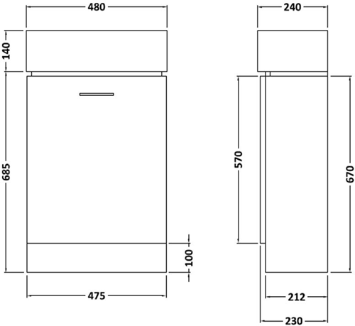 Technical image of Premier Furniture Compact Vanity Unit & Basin (Ebony). 480x825mm.