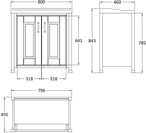 Technical image of Old London Furniture 800mm Vanity & Mirror Cabinet Pack (Walnut).