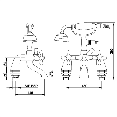 Technical image of Ultra Nostalgic Bath Shower Mixer with Large Handset (Chrome)