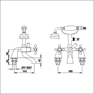 Technical image of Viscount Bath Shower Mixer with Large Handset (Chrome)