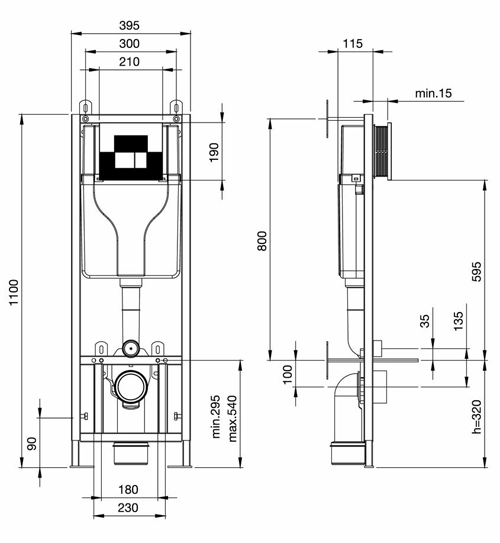 Technical image of Nuie Specialist Concealed Cistern Wall Hung Toilet Pan Frame.