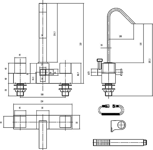 Technical image of Hudson Reed Zaro Basin Mixer & Bath Shower Mixer Tap Set (Free Shower Kit).