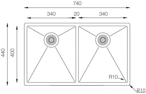Technical image of UKINOX ColorX Inset Slim Top Kitchen Sink (740/440mm, Black).