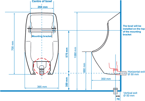 Technical image of Waterless Urinal 1 x Ceramic Urinal With Trap & ActiveCube.