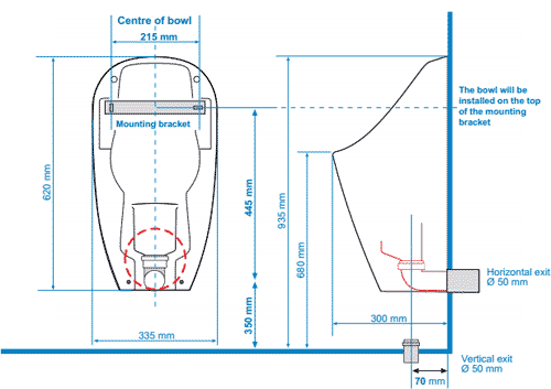 Technical image of Waterless Urinal 5 x Ceramic Compact Urinal With Trap & ActiveCube.