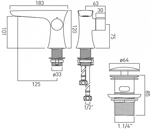 Technical image of Vado Altitude Progressive Basin Tap With Clic-Clac Waste (Chrome).