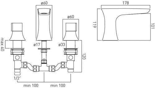 Technical image of Vado Altitude 3 Hole Basin Mixer Tap (Chrome).