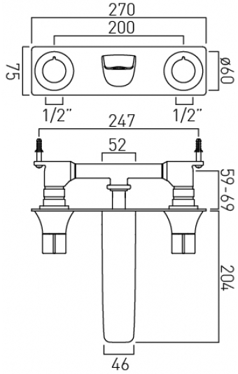 Technical image of Vado Altitude 3 Hole Wall Mounted Basin Tap (Chrome).