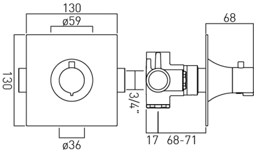 Technical image of Vado Altitude 3 Or 4 Outlet Thermostatic Shower Valve Kit With Diverter.