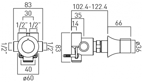 Technical image of Vado Altitude 3 Or 4 Outlet Thermostatic Shower Valve Kit With Diverter.