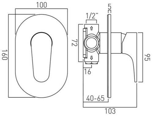 Technical image of Vado Ascent Manual Shower Valve With 1 Outlet (Chrome).